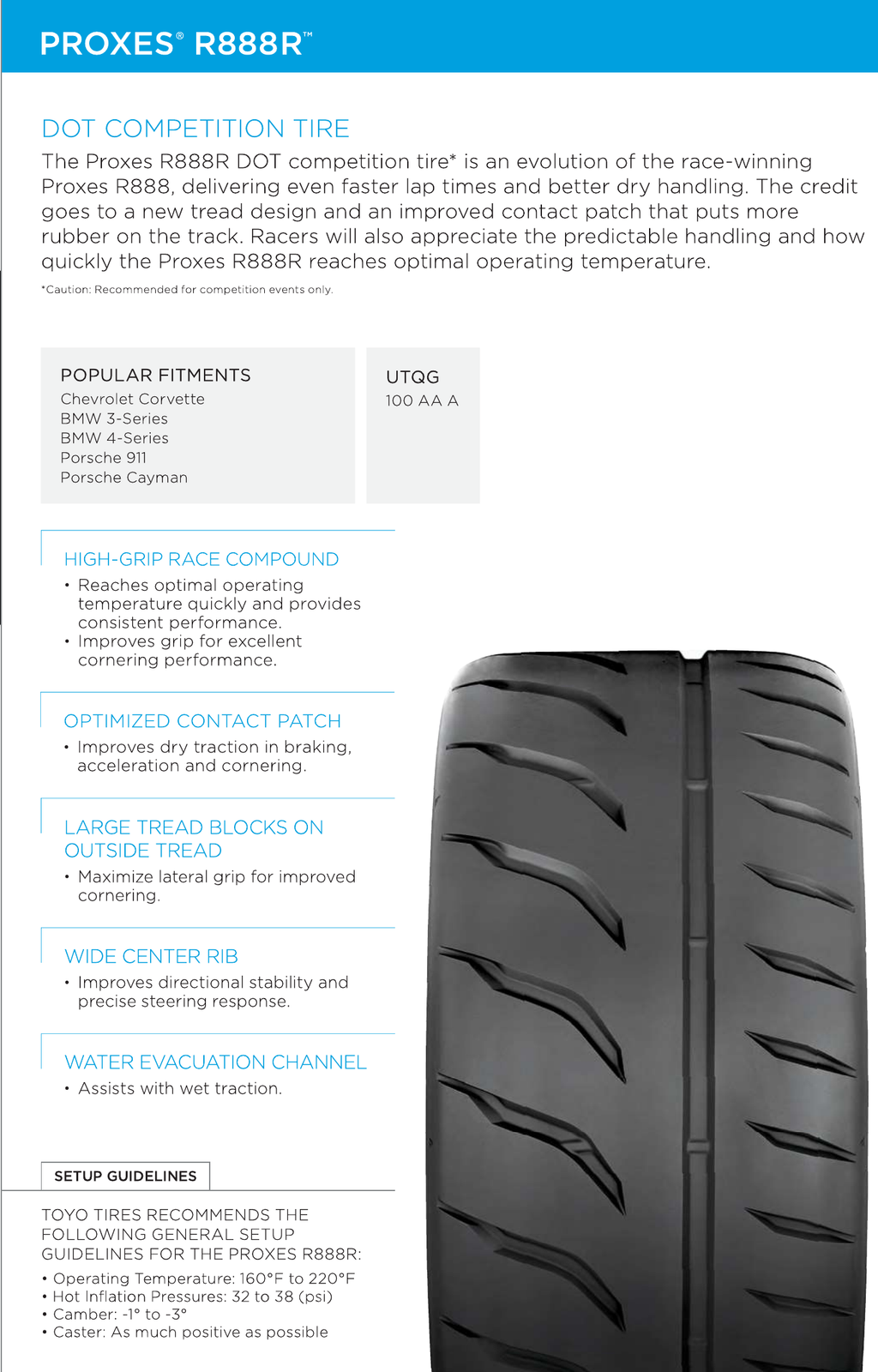 Toyo Proxes R888R feature sheet: DOT competition tire, UTQG 100 AA A, high-grip race compound, optimized contact patch, wide center rib, and Toyo track setup guidelines