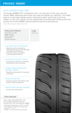 Toyo Proxes R888R feature sheet: DOT competition tire, UTQG 100 AA A, high-grip race compound, optimized contact patch, wide center rib, and Toyo track setup guidelines