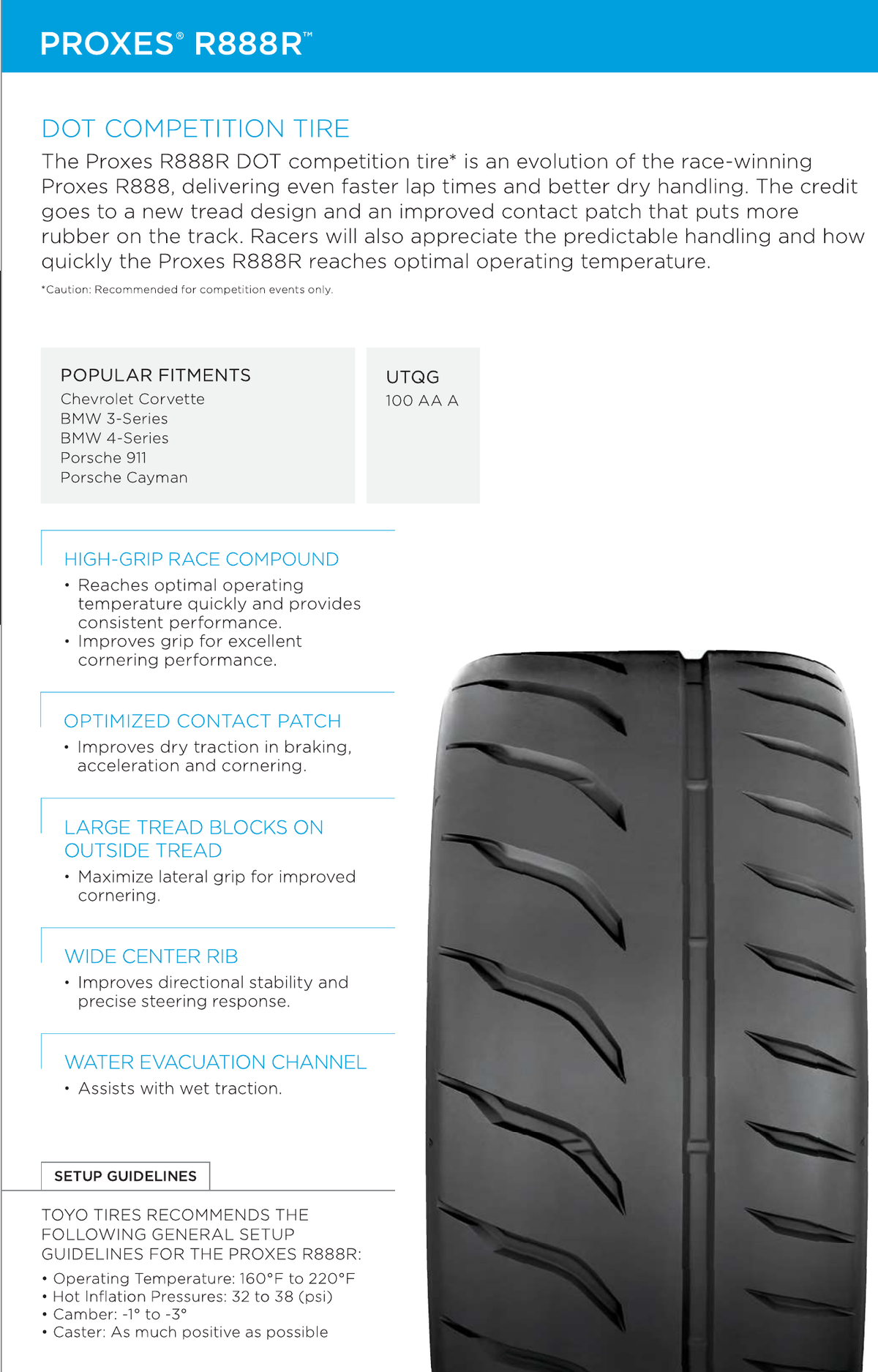 Toyo Proxes R888R feature sheet: DOT competition tire, UTQG 100 AA A, high-grip race compound, optimized contact patch, wide center rib, and Toyo track setup guidelines