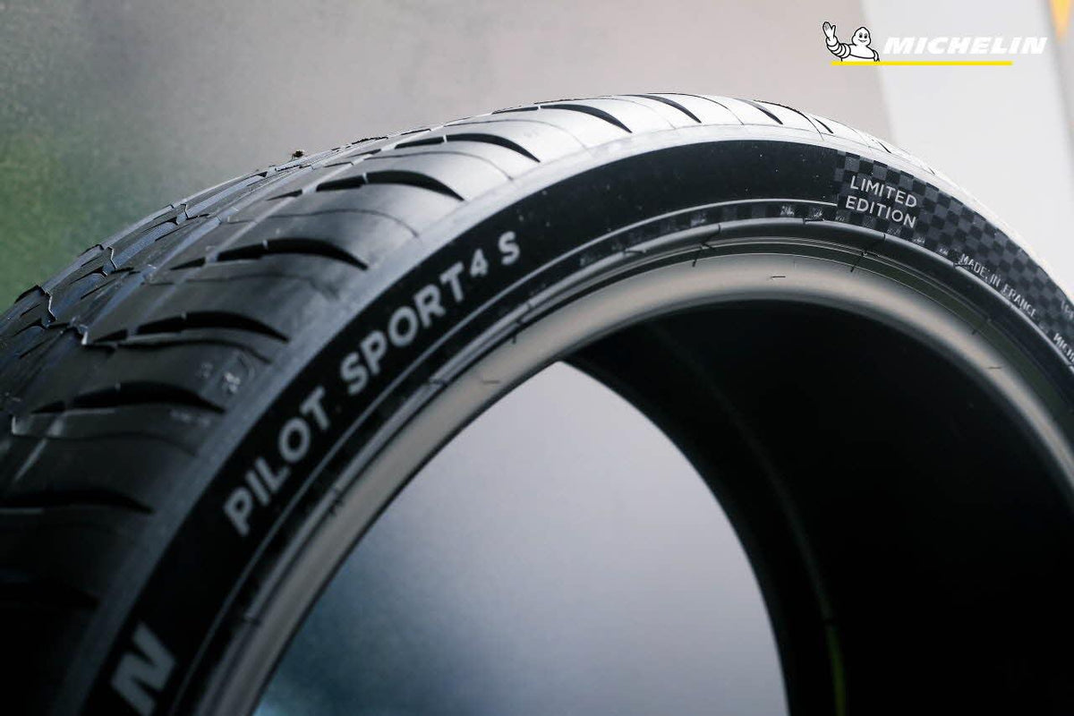 MICHELIN Pilot Sport 4 S sidewall detail showing the Pilot Sport 4 S lettering and checkered flag marking